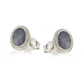 Boucles d'oreilles avec opale doublet et oxyde de zirconium, argent rhodié 925