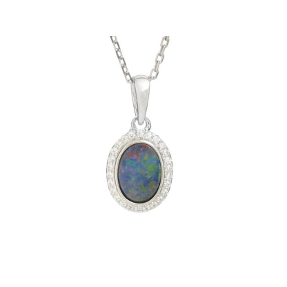 Pendentif opale doublet et oxyde de zirconium, argent rhodié 925, hauteur 1 cm
