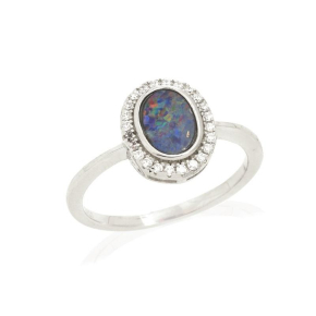 Ring with oval doublet opal and zirconium oxide, in 925 rhodium silver