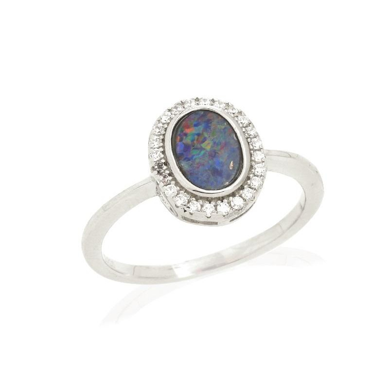 Bague avec opale doublet ovale et oxyde de zirconium, en argent rhodié 925