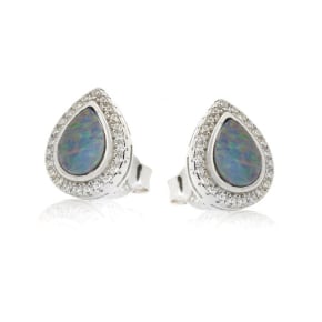 Boucles d'oreilles avec opale bleue doublet goutte, en argent rhodié 925