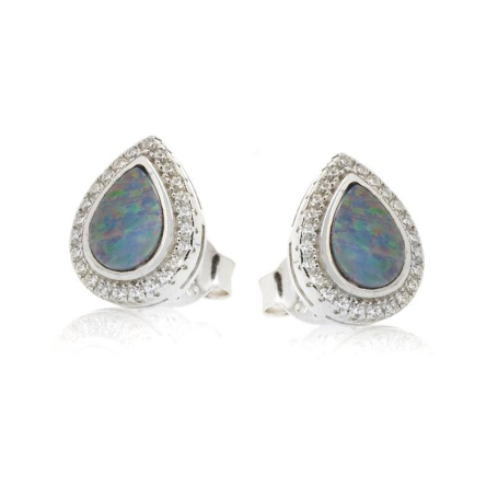 Orecchini con doppietto di opale blu a goccia, in argento 925 rodiato