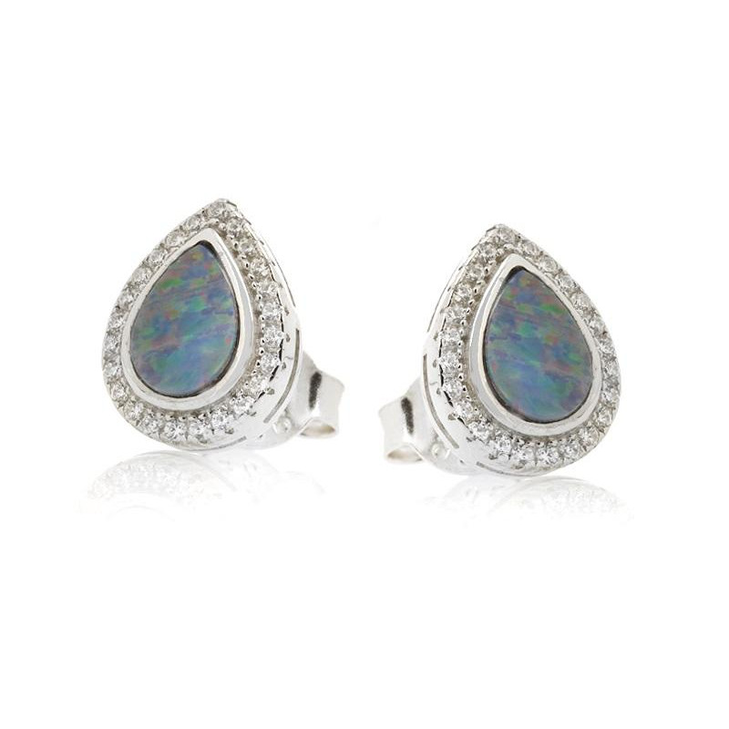 Oorbellen met blauwe opaal doublet druppel, in gerhodineerd zilver 925