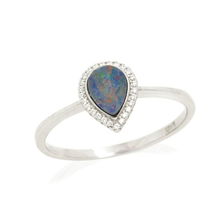Ring with blue opal doublet from Australia drop, in rhodium silver 925