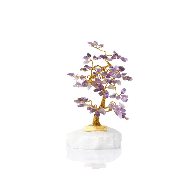 Arbre du bonheur 13 cm avec améthyste (105 pétales) et marbre grec