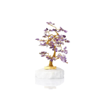 Glücksbaum 13 cm mit Amethyst (105 Blütenblätter) und griechischem Marmor