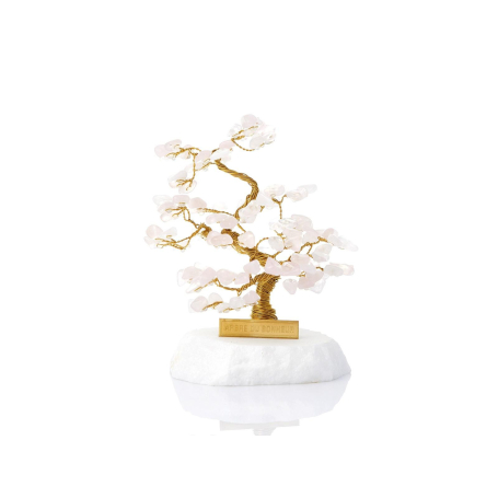Arbre du bonheur 16-17 cm avec quartz rose (95 pétales) et marbre grec