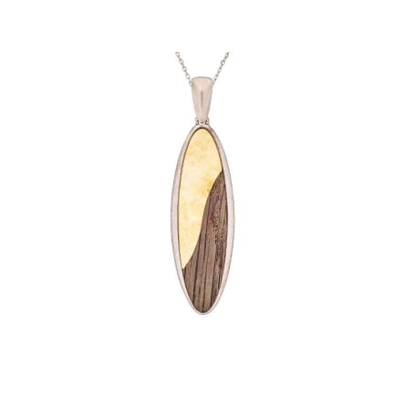 Ciondolo con navetta ambra e quercia, in argento 925 rodiato, altezza 4,5+1,2 cm