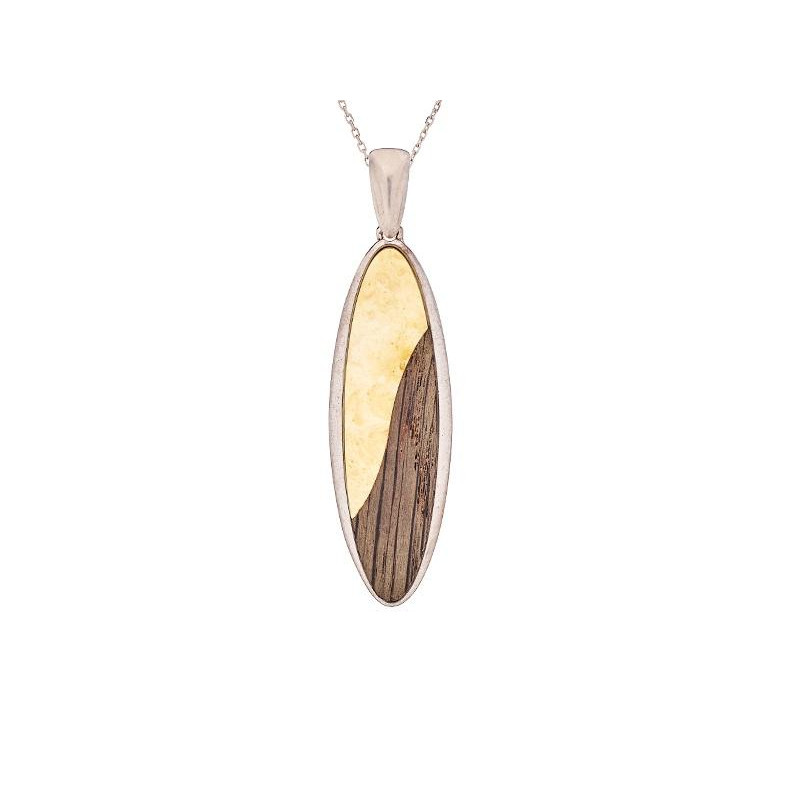 Hanger met shuttle barnsteen en eikenhout, in 925 gerhodineerd zilver, hoogte 4,5+1,2 cm