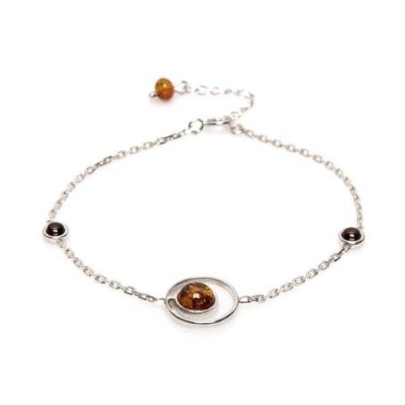 Armband met ronde veelkleurige barnsteen, in 925 gerhodineerd zilver, lengte 16+3 cm