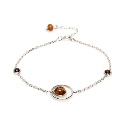 Pulsera con ámbar redondo multicolor, en plata 925 rodiada, longitud 16+3 cm