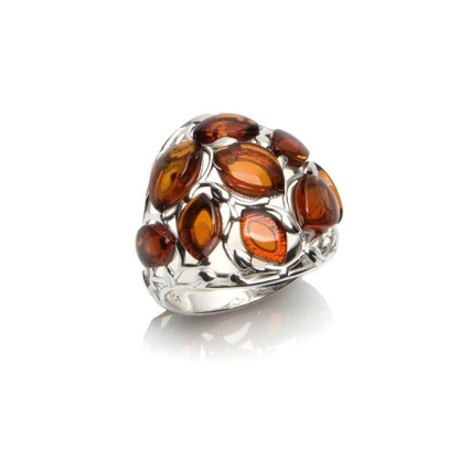 Ring with natural cognac amber from the Baltic Sea, in rhodium-plated silver 925