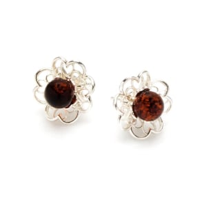 Boucles d'oreilles avec ambre cognac naturel, en argent rhodié 925
