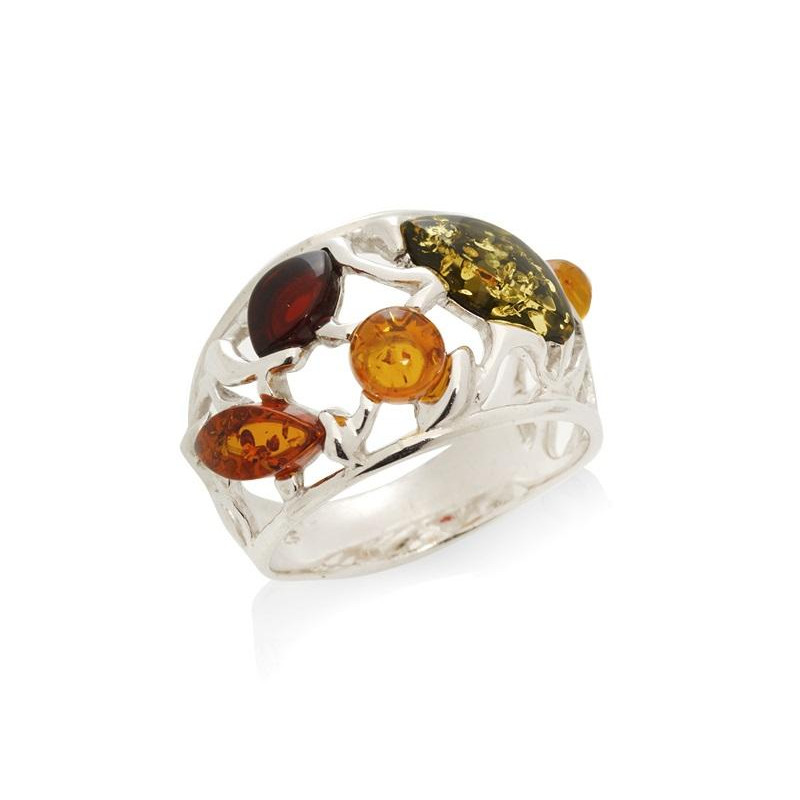 Bague avec ambre multicolore naturel de la mer Baltique, en argent rhodié 925