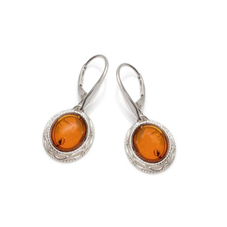 Earrings with natural oval cognac amber, in 925 rhodium silver