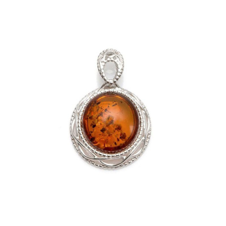 Pendant with oval cognac amber, in 925 rhodium silver, height 2+1 cm