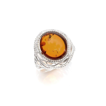 Ring with natural cognac amber from the Baltic Sea oval, in rhodium-plated silver 925