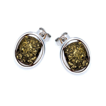 Clous d'oreilles ovale avec ambre vert rectangulaire, en argent rhodié 925