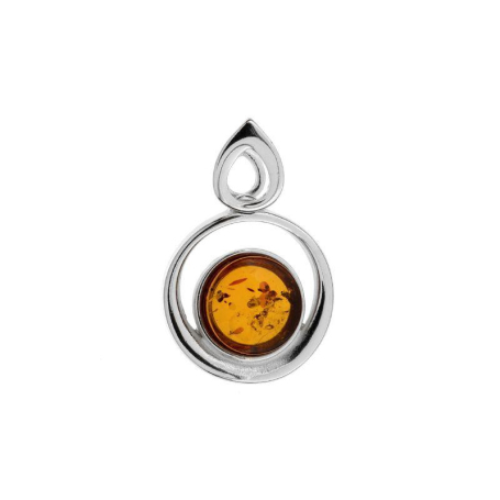 Pendant with round cognac amber, in 925 rhodium silver, diameter 1.5+1 cm