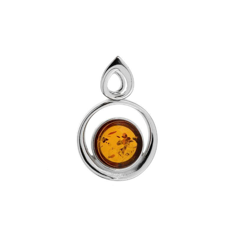 Pandantiv cu chihlimbar cognac rotund, din argint 925 rodiu, diametru 1,5+1 cm