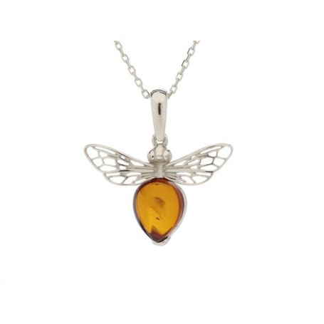 Bee pendant with cognac amber, in 925 rhodium silver, height 1.5+0.8 cm