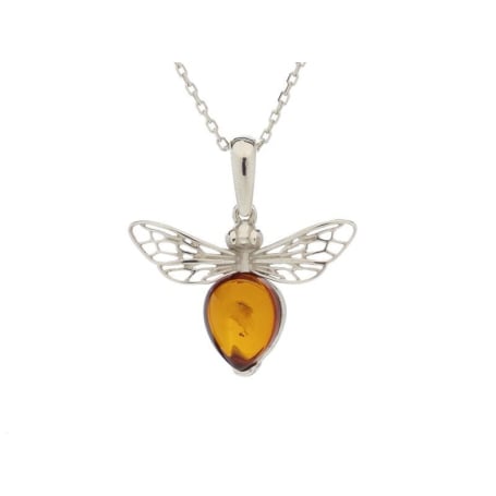 Pendentif abeille avec ambre cognac, en argent rhodié 925, hauteur 1,5+0,8 cm