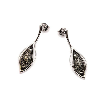 Dangle earrings with navette green amber, in 925 rhodium silver