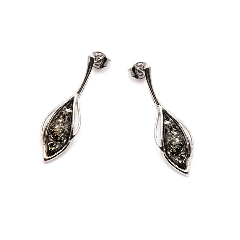 Dangle earrings with navette green amber, in 925 rhodium silver