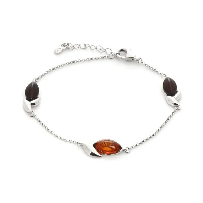 Armband mit mehrfarbigem Schiffchen-Bernstein, aus 925 rhodiniertem Silber, Länge 17+3 cm