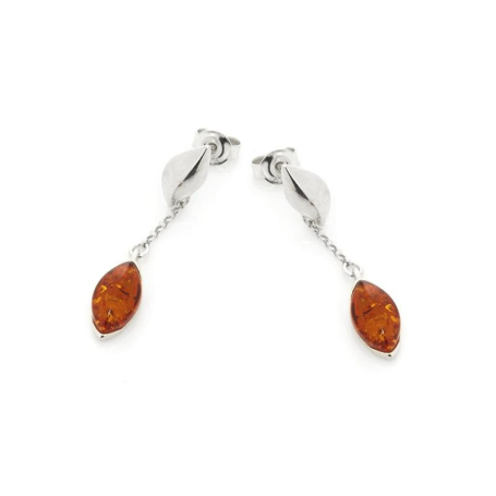 Earrings with natural cognac amber, in 925 rhodium silver