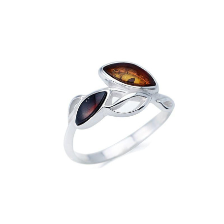 Ring with multi-colored Baltic amber navette, in 925 rhodium silver