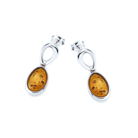 Boucles d'oreilles pendantes avec ambre cognac ovale, en argent rhodié 925