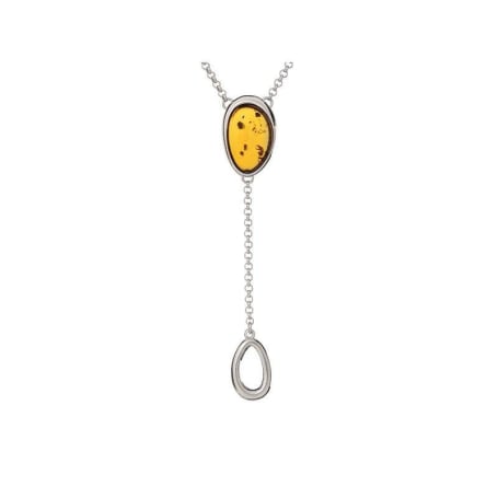 Collana con ambra cognac ovale, in argento 925 rodiato, lunghezza 45+3 cm