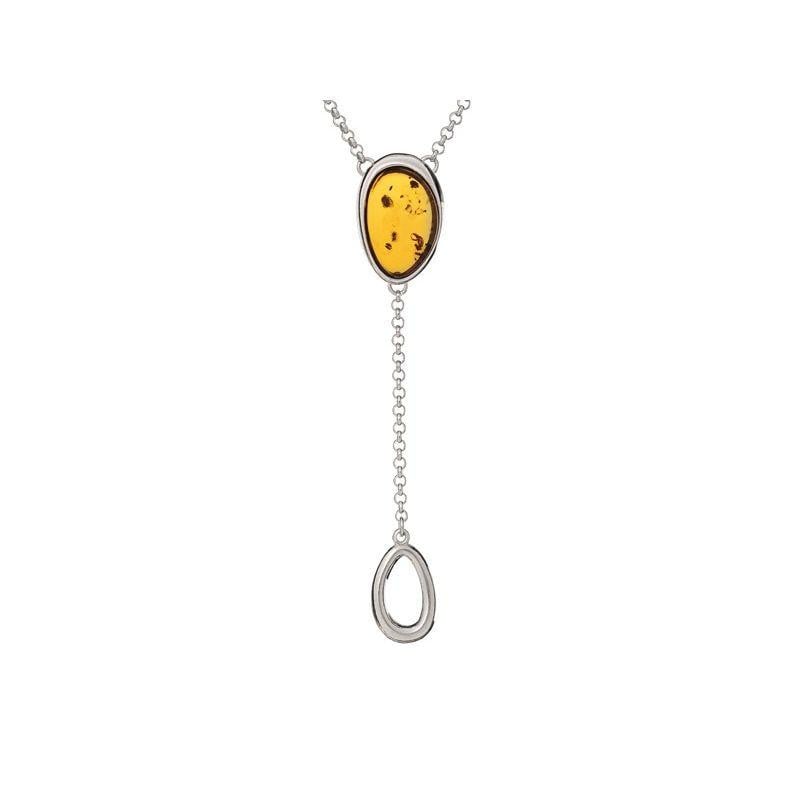 Colar com âmbar conhaque oval, em prata 925 banhada a ródio, comprimento 45 + 3 cm