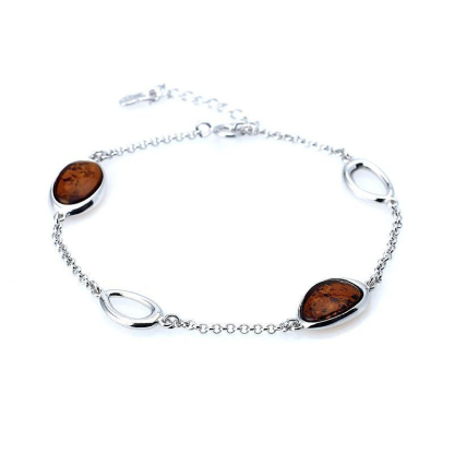 Bracelet avec ambre cognac ovale, en argent rhodié 925, longueur 18+ 3 cm