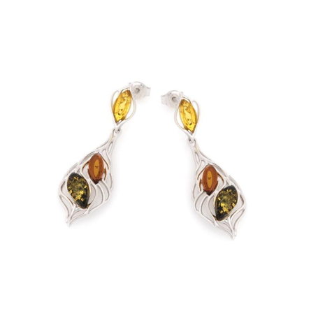 Boucles d'oreilles avec ambre multicolore de la mer Baltique, argent rhodié 925