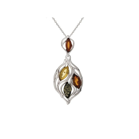 Pendant with multi-colored amber navette, in 925 rhodium silver, height 4.5 cm