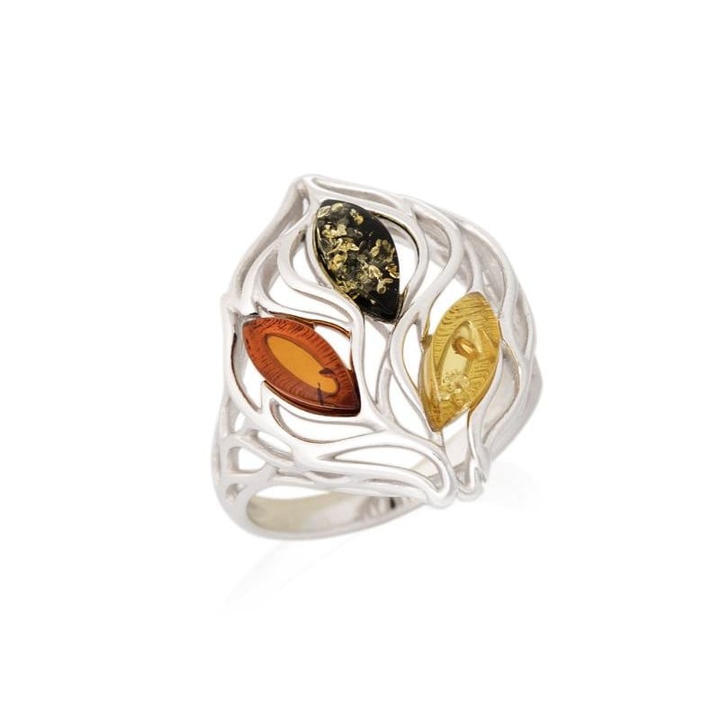 Anillo con ámbar natural multicolor del Mar Báltico, en plata 925 rodiada