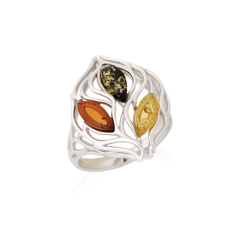 Bague avec ambre multicolore naturel de la mer Baltique, en argent rhodié 925