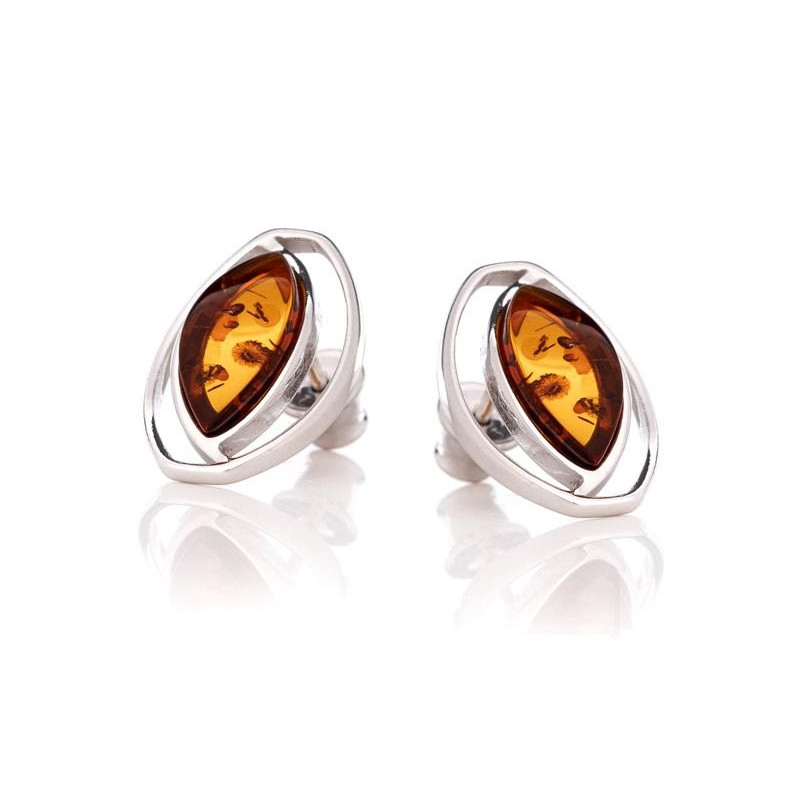 Natural cognac amber navette stud earrings, in 925 rhodium silver