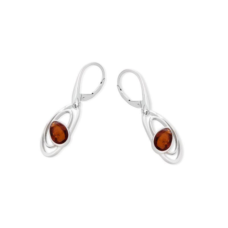 Earrings with natural oval cognac amber, in 925 rhodium silver