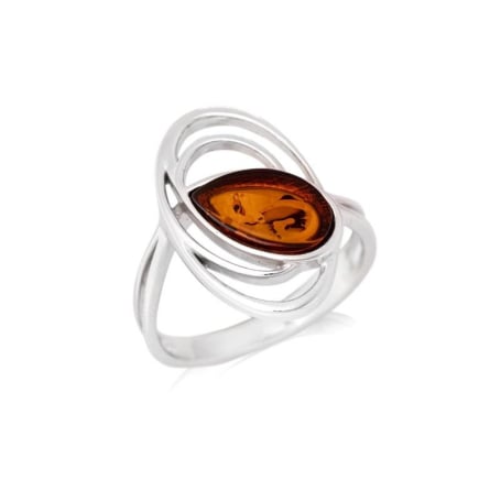 Inel oval cu picătură de chihlimbar natural coniac, din argint 925 placat cu rodiu