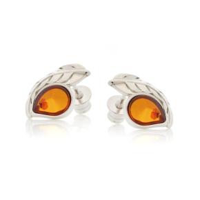 Earrings with natural cognac amber, in 925 rhodium silver