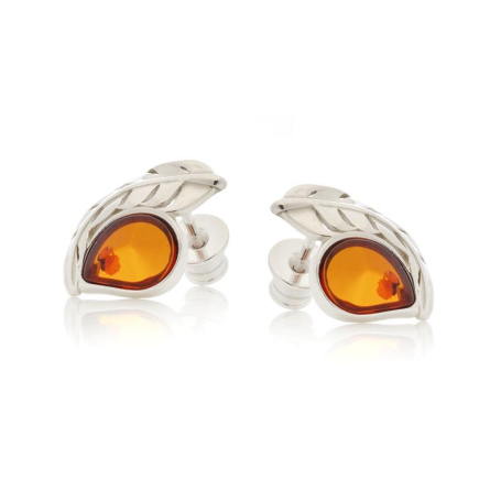 Boucles d'oreilles avec ambre cognac naturel, en argent rhodié 925