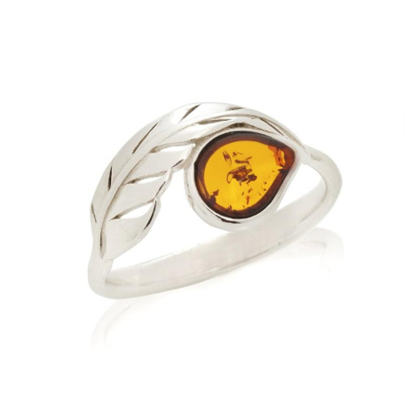 Ring with natural cognac amber from the Baltic Sea, in rhodium-plated silver 925