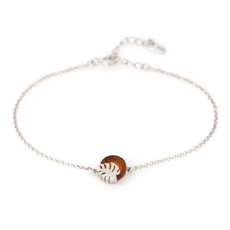 Bracelet with round cognac amber, in 925 rhodium silver, length 16+3 cm