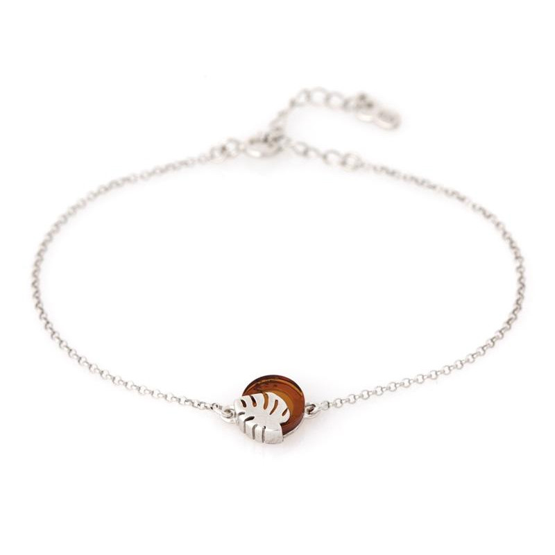 Bracelet with round cognac amber, in 925 rhodium silver, length 16+3 cm