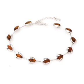Pulsera con lanzadera de ámbar coñac, en plata 925 rodiada, longitud 17+3 cm