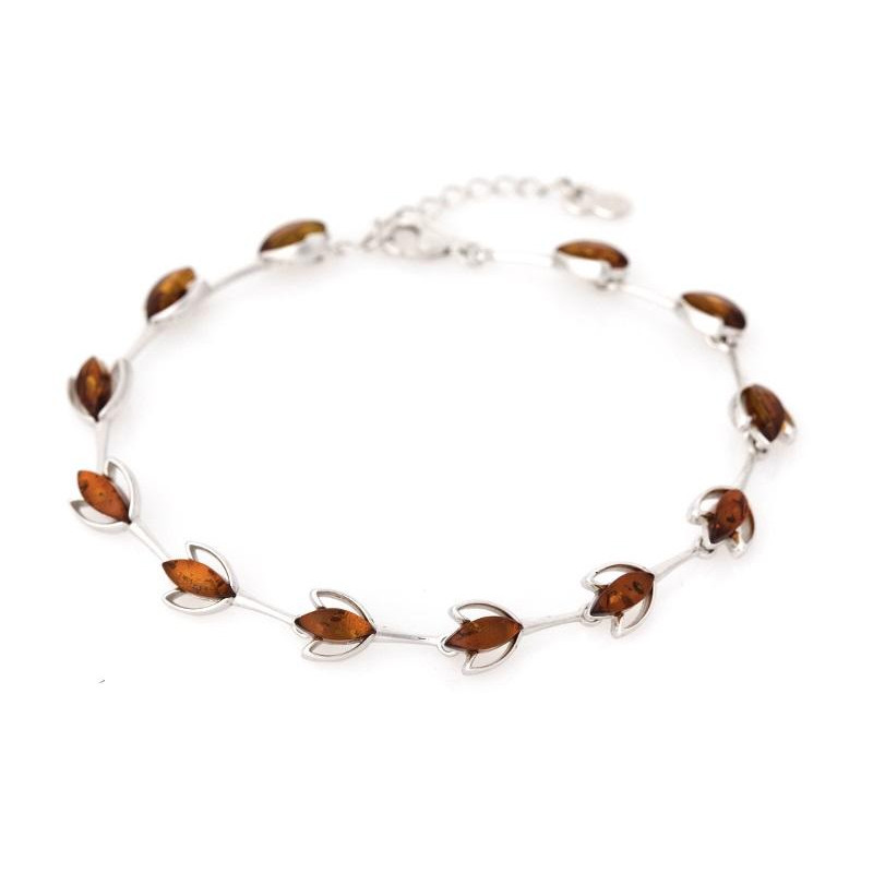 Bracelet with cognac amber navette, in rhodium silver 925, length 17+3 cm
