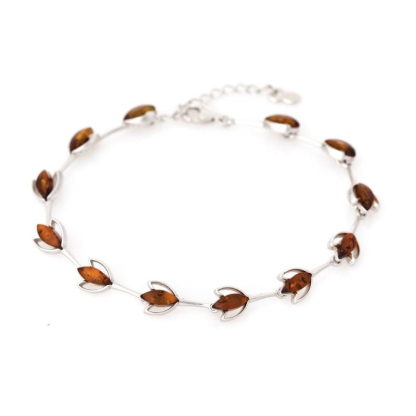 Bracelet with cognac amber navette, in rhodium silver 925, length 17+3 cm